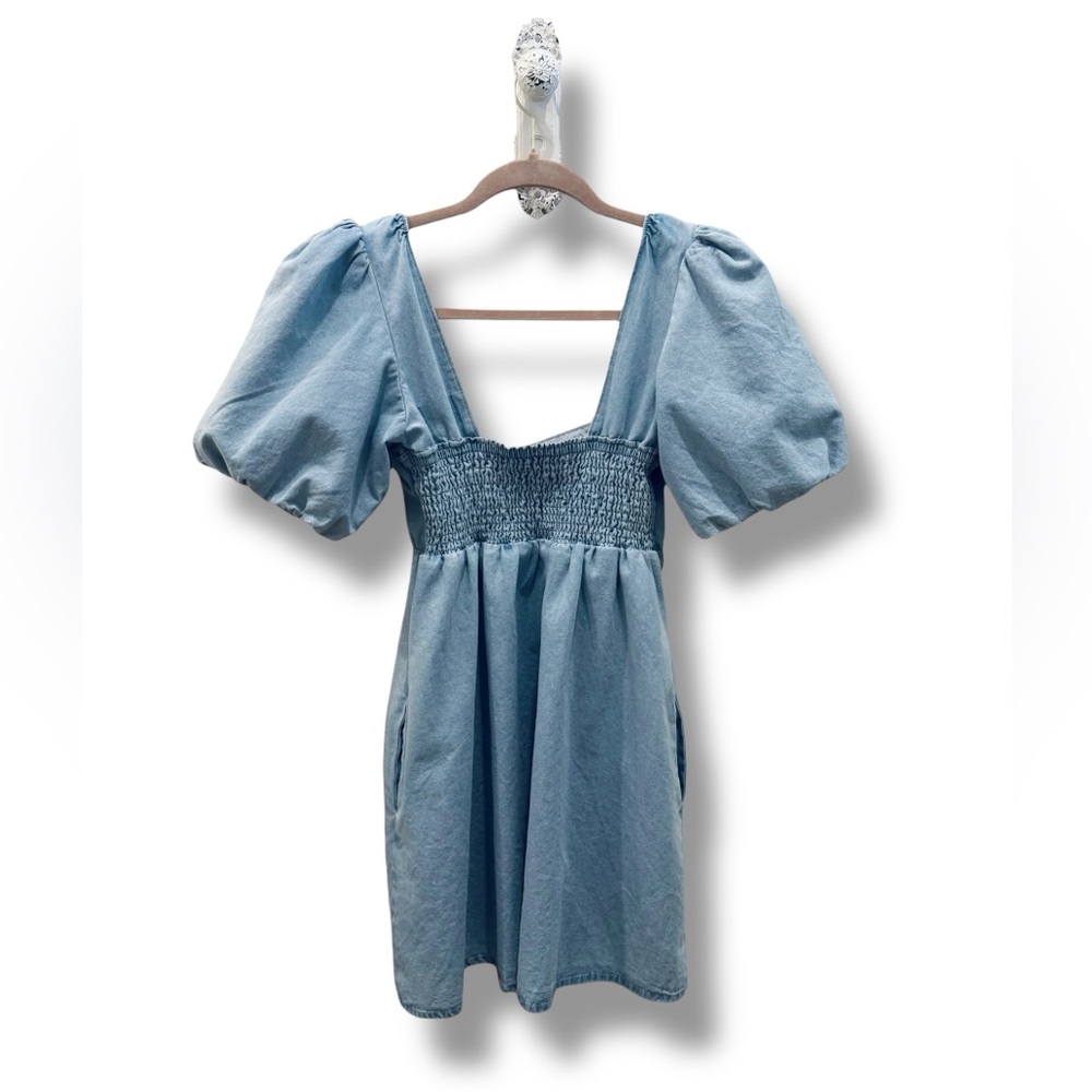 Show Me Your MuMu Sky Blue Denim Puff Sleeve Mini Dress - Picture 2 of 3